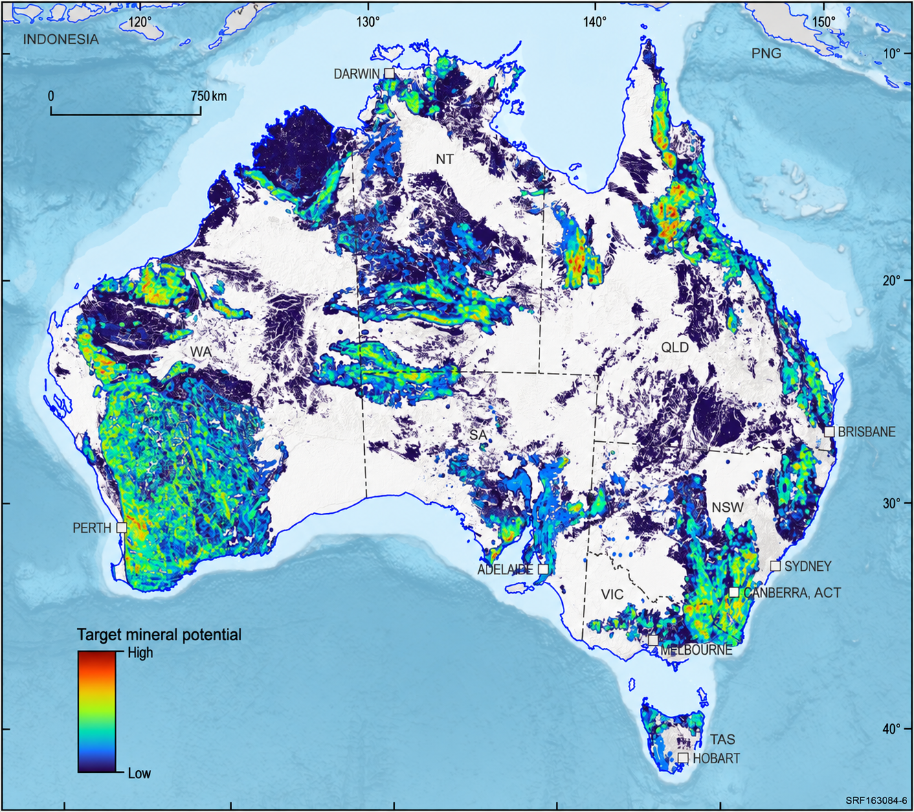 Map of Australia showing target mineral potential, with the highest potential across the Yilgarn and Pilbara in Western Australia, the Mount Isa and Cloncurry region of Queensland, and parts of New South Wales, Victoria and Tasmania