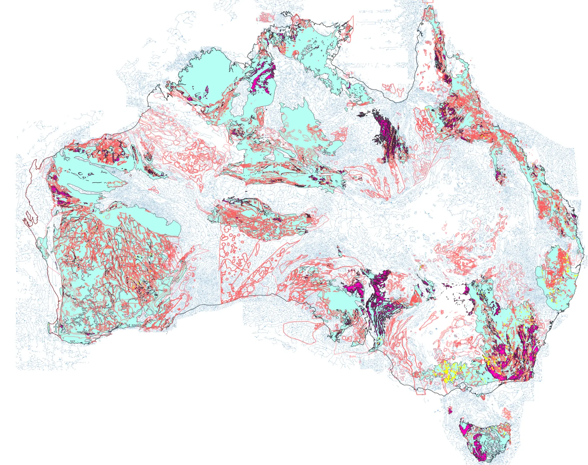 Digital geological map of Australia and Tasmania showing major tectonic provinces, sedimentary basins in pale cyan, crystalline basement units in coral pink, and deformed fold belts in deep purple and magenta